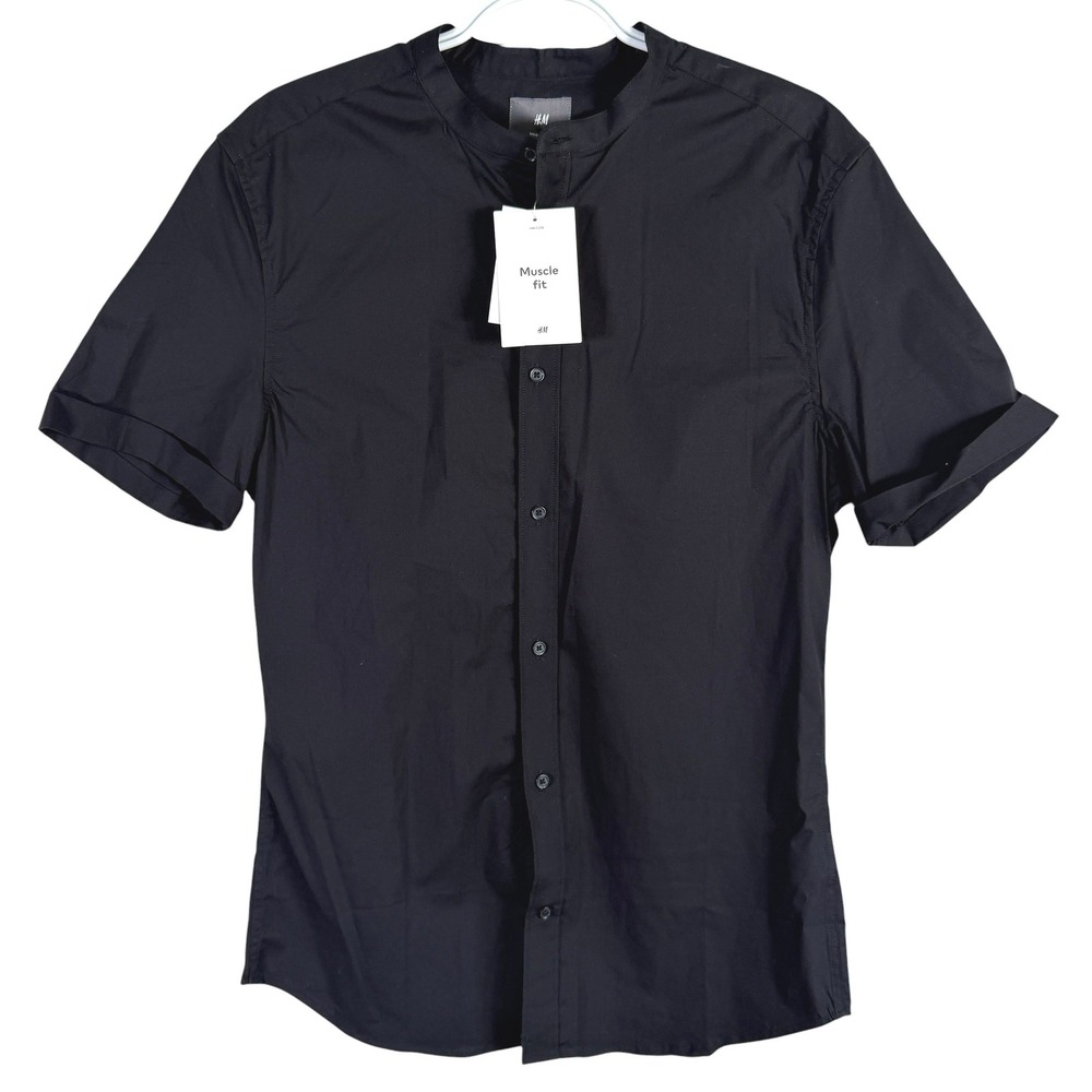 NEW H&M Muscle Fit Shirt Button Up Mens M Black Band Collar Short Sleeve Stretch